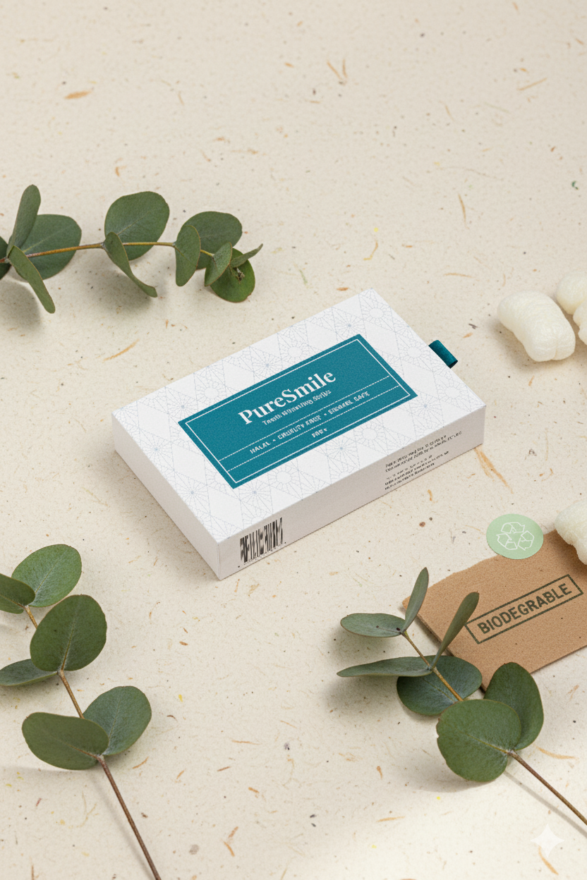 PureSmile eco-friendly halal teeth whitening strips in sustainable recyclable packaging, made in Dubai UAE