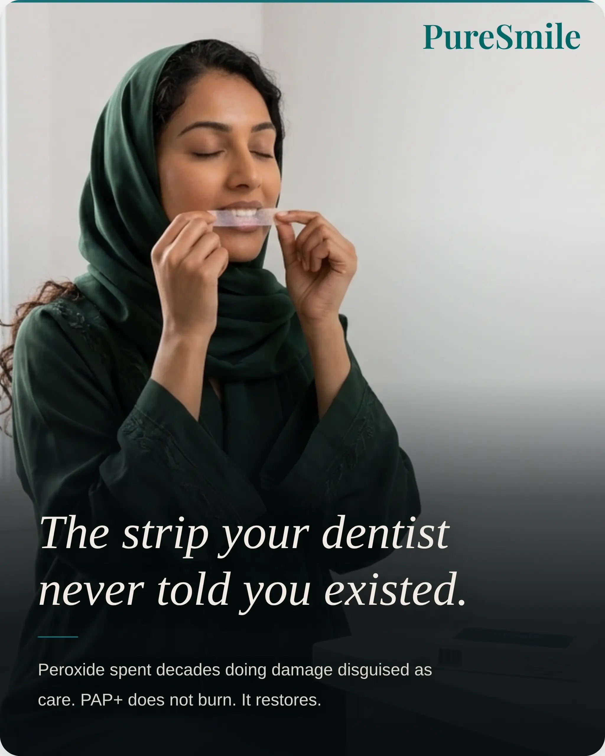 Woman applying PureSmile PAP+ whitening strip, peroxide-free teeth whitening UAE