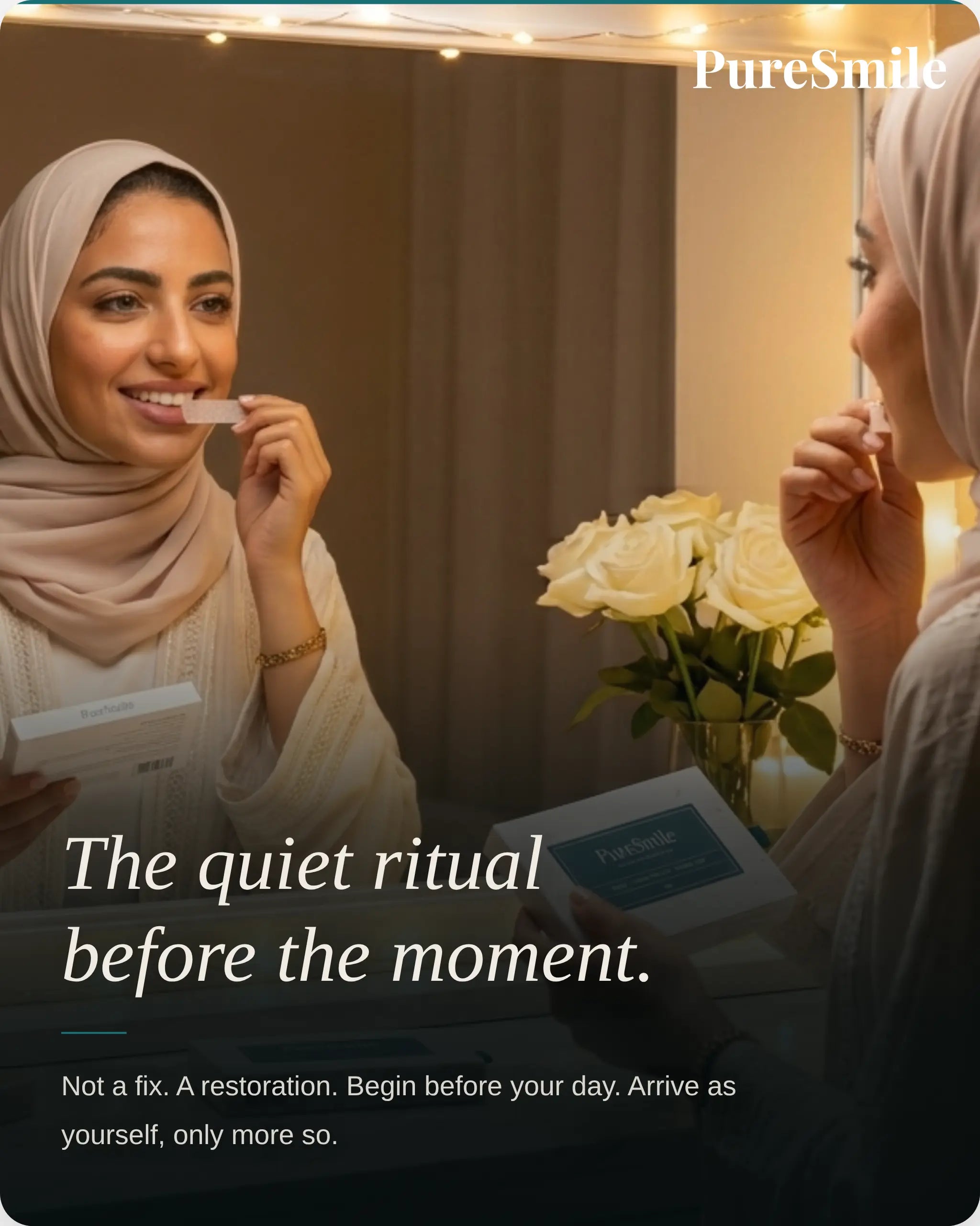 Bride using PureSmile whitening strips before wedding, gentle teeth whitening UAE