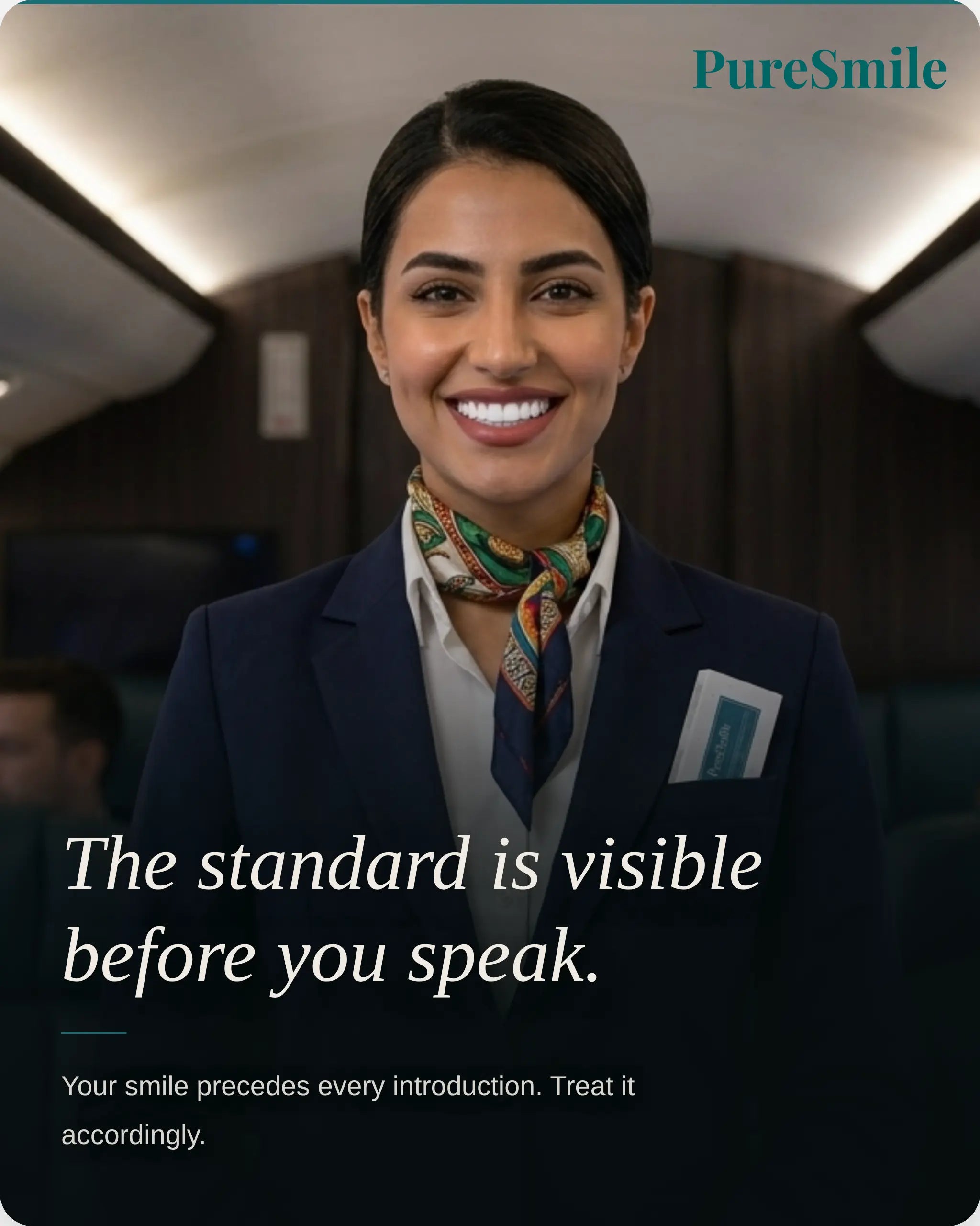 Cabin crew with bright smile using PureSmile PAP+ teeth whitening strips Dubai